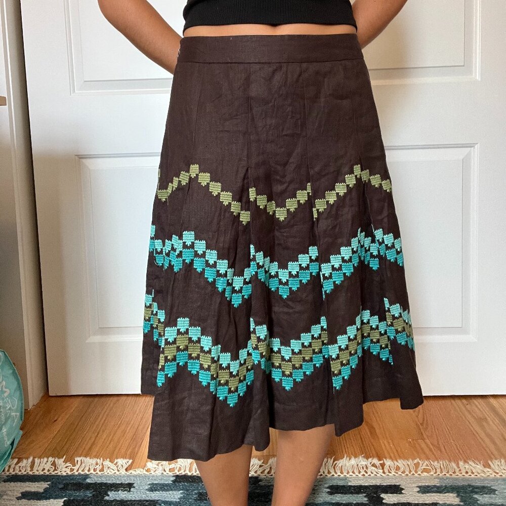 100% Linen Bohemian Brown Midi Skirt with Geometric Embroidery